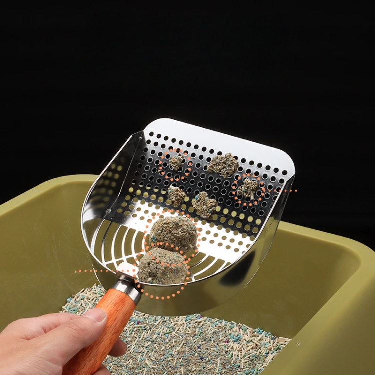 Dual-Size Wood Handle Stainless Steel Cat Litter Scoop Shovel