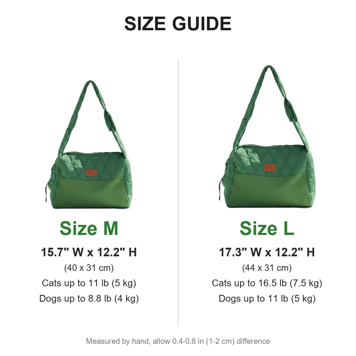 Size guide for M and L cat carrier bag