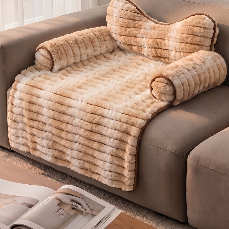 Striped Faux Rabbit Fur Sofa Pet Bed with Cat-Ear Headrest