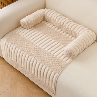 Teddy Fleece Couch Pet Mat with Round Bolsters - Cream & Latte