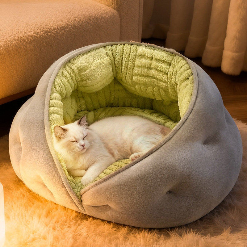 Dumpling Cat Bed - Semi-Enclosed Plush Cave Bed with Thick Fleece Lining