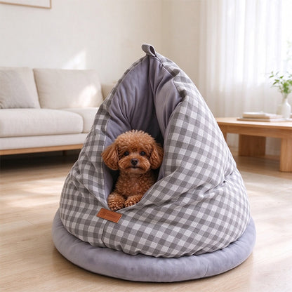 Plaid Teardrop Cat Bed - Cozy Semi-Enclosed Burrow Cave with Plush Base