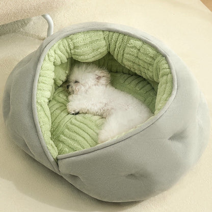 Dumpling Cat Bed - Semi-Enclosed Plush Cave Bed with Thick Fleece Lining