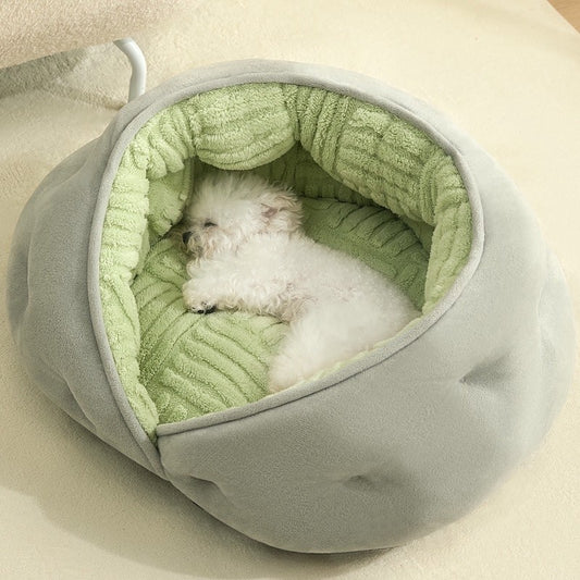 Dumpling Cat Bed - Semi-Enclosed Plush Cave Bed with Thick Fleece Lining
