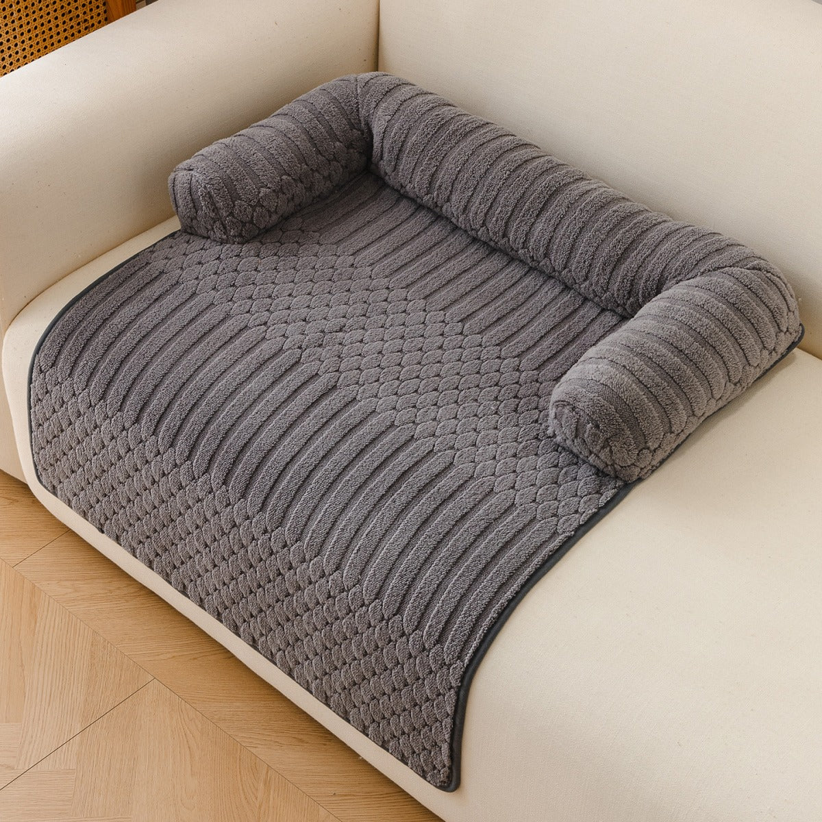 Teddy Fleece Couch Pet Mat with Round Bolsters - Light Gray