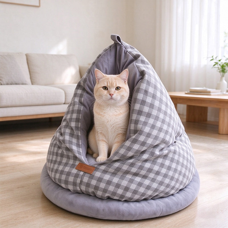 Plaid Teardrop Cat Bed - Cozy Semi-Enclosed Burrow Cave with Plush Base