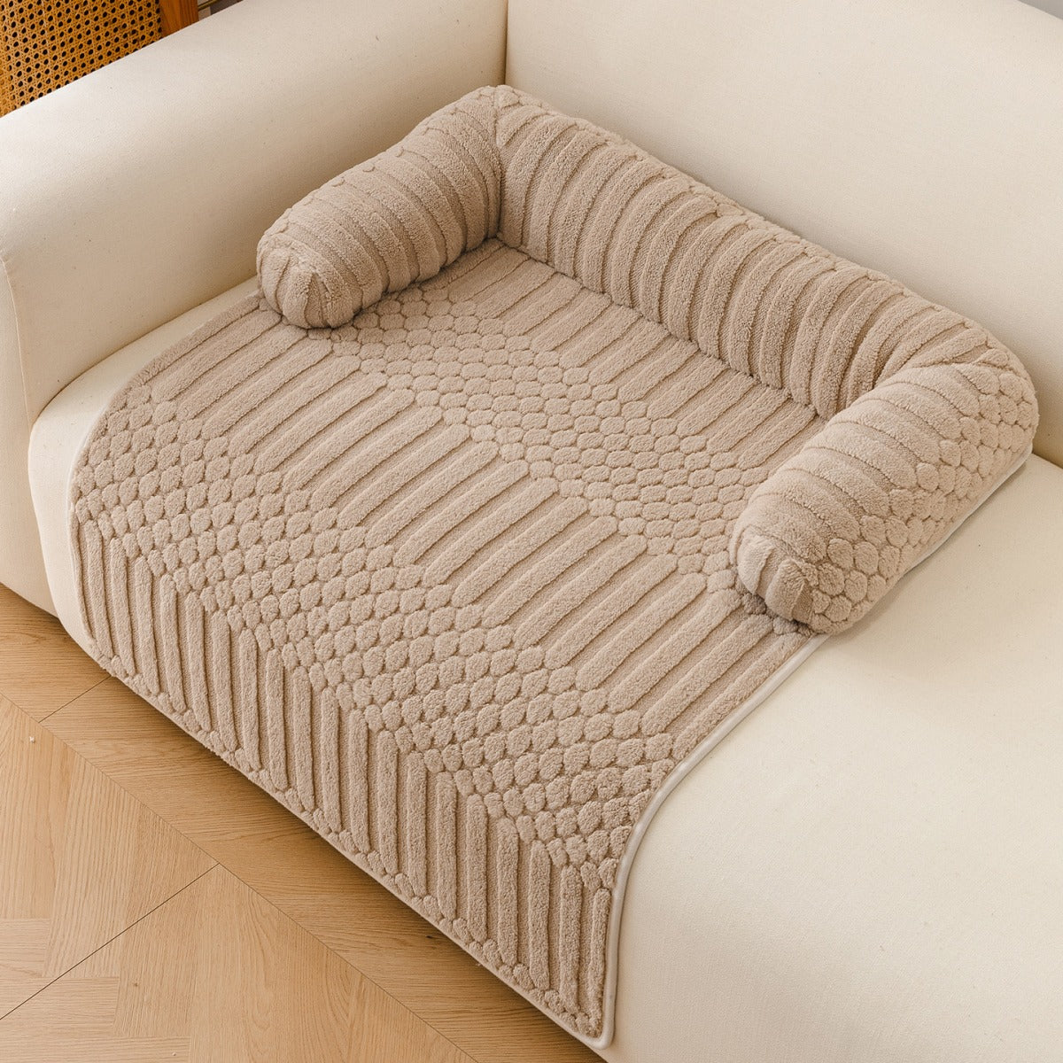 Teddy Fleece Couch Pet Mat with Round Bolsters - Mocha