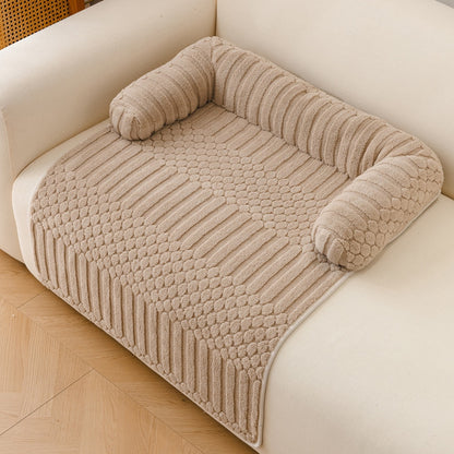 Teddy Fleece Couch Pet Mat with Round Bolsters - Mocha