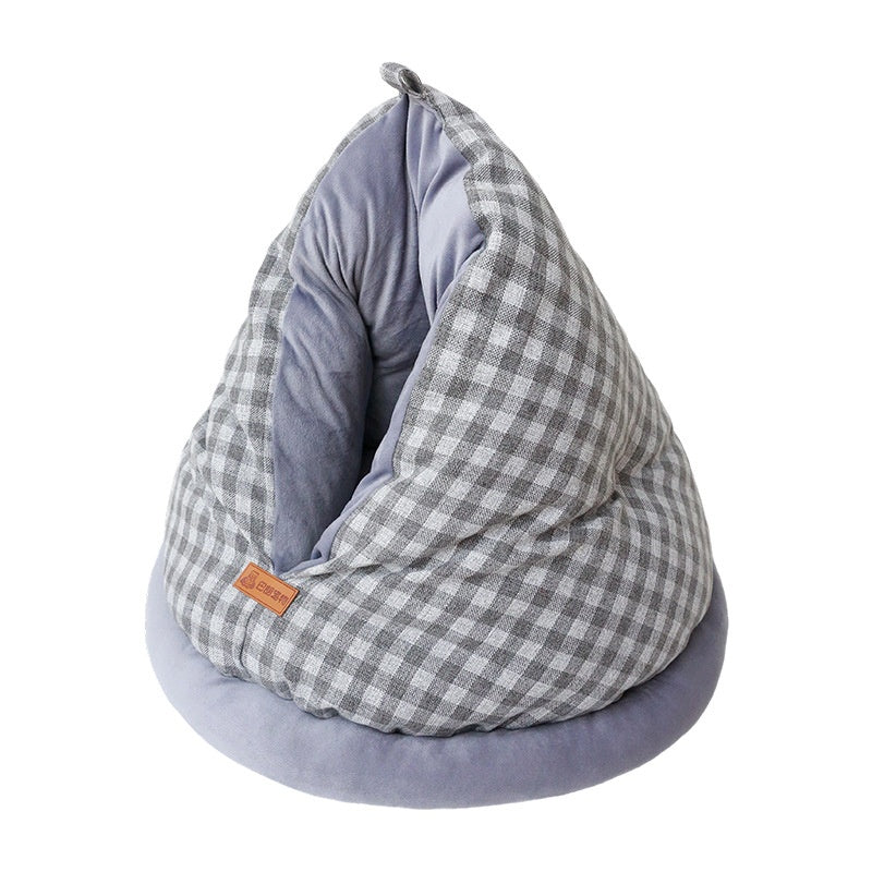 Plaid Teardrop Cat Bed - Cozy Semi-Enclosed Burrow Cave with Plush Base