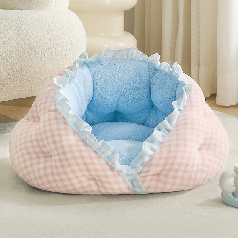 Dumpling Cat Bed - Semi-Enclosed Plush Cave Bed with Thick Fleece Lining