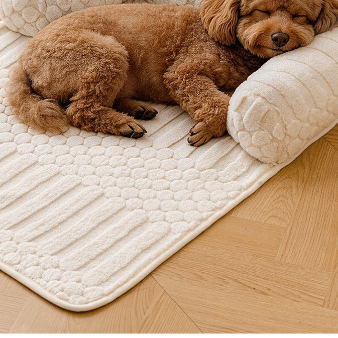 Teddy Fleece Couch Pet Mat with Round Bolsters - Ribbed Anti-Slip Sofa Protector Bed for Cats & Dogs