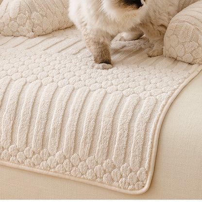 Teddy Fleece Couch Pet Mat with Round Bolsters - Ribbed Anti-Slip Sofa Protector Bed for Cats & Dogs