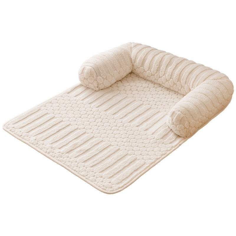 Teddy Fleece Couch Pet Mat with Round Bolsters - Ribbed Anti-Slip Sofa Protector Bed for Cats & Dogs