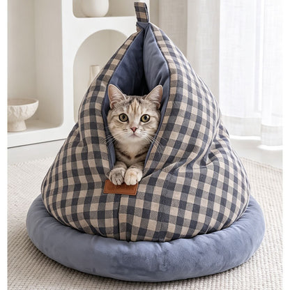 Plaid Teardrop Cat Bed - Cozy Semi-Enclosed Burrow Cave with Plush Base