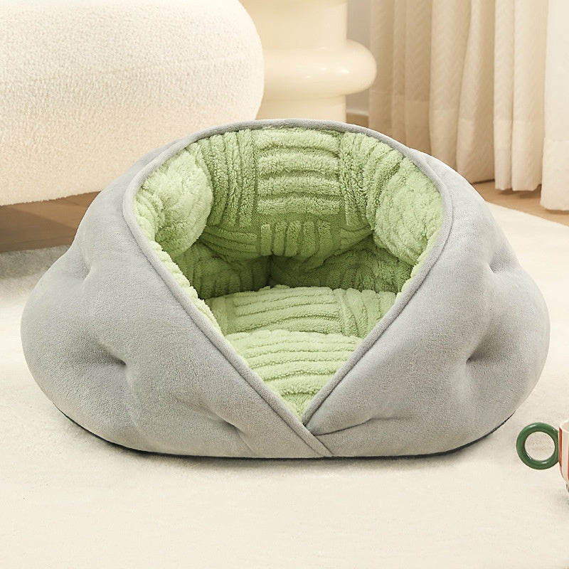 Dumpling Cat Bed - Semi-Enclosed Plush Cave Bed with Thick Fleece Lining