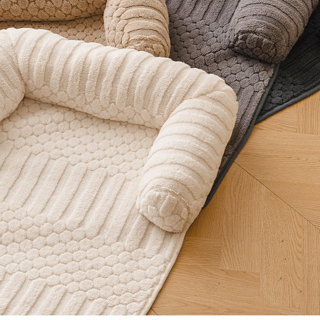 Teddy Fleece Couch Pet Mat with Round Bolsters - Ribbed Anti-Slip Sofa Protector Bed for Cats & Dogs