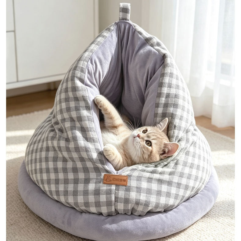 Plaid Teardrop Cat Bed - Cozy Semi-Enclosed Burrow Cave with Plush Base