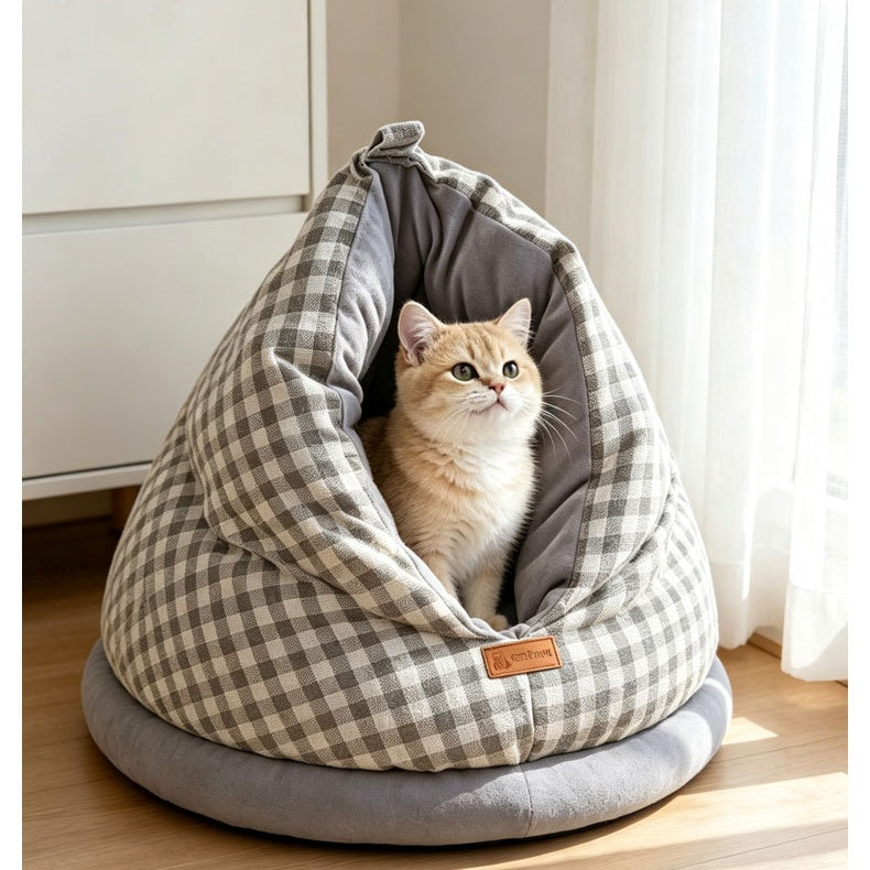 Plaid Teardrop Cat Bed - Cozy Semi-Enclosed Burrow Cave with Plush Base