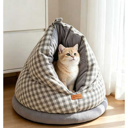 Plaid Teardrop Cat Bed - Cozy Semi-Enclosed Burrow Cave with Plush Base