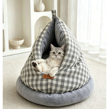 Plaid Teardrop Cat Bed - Cozy Semi-Enclosed Burrow Cave with Plush Base