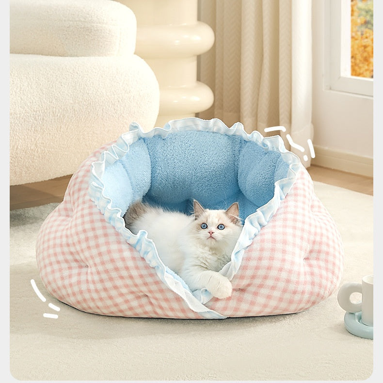 Dumpling Cat Bed - Semi-Enclosed Plush Cave Bed with Thick Fleece Lining