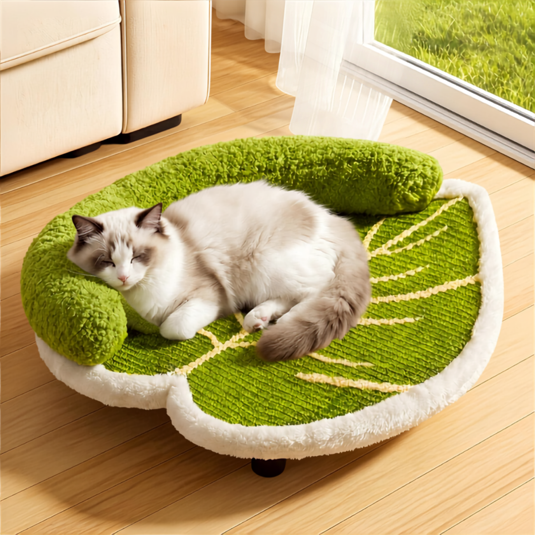 Leaf-shaped cat scratcher lounge bed with plush green backrest