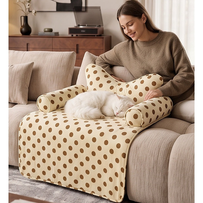 Polka dot couch pet bed with bone pillow and bolsters