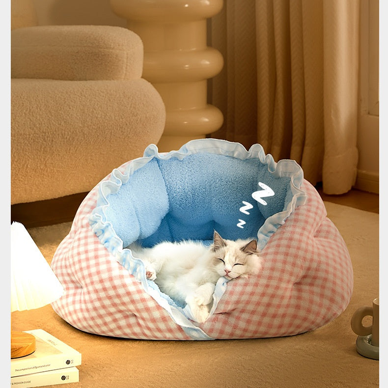 Dumpling Cat Bed - Semi-Enclosed Plush Cave Bed with Thick Fleece Lining