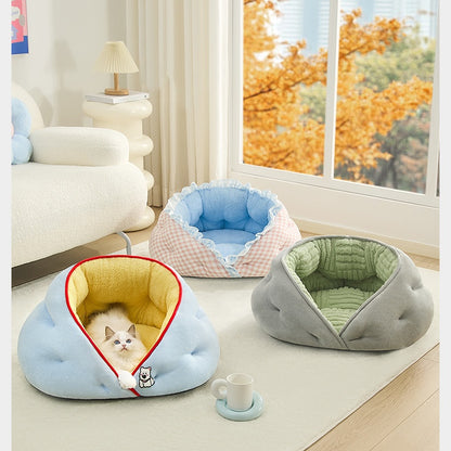 Dumpling Cat Bed - Semi-Enclosed Plush Cave Bed with Thick Fleece Lining