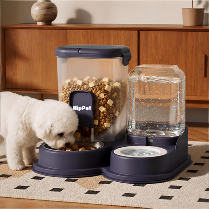 2-in-1 automatic gravity pet feeder and water dispenser, navy, with dog eating