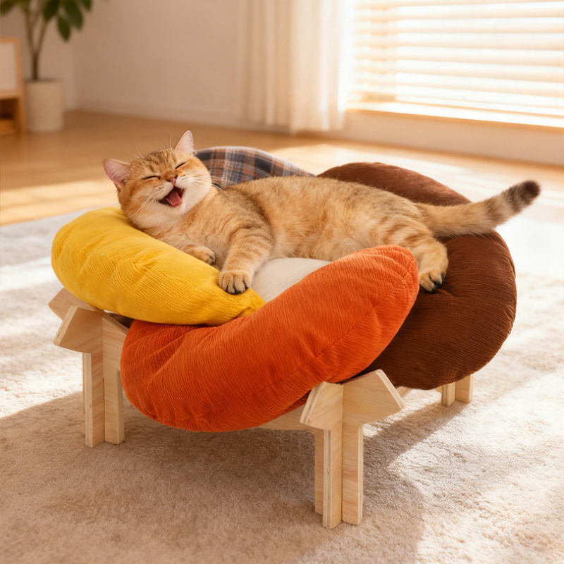 Flower Solid Wood Cat Bed