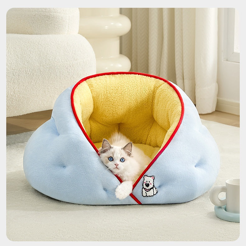 Dumpling Cat Bed - Semi-Enclosed Plush Cave Bed with Thick Fleece Lining