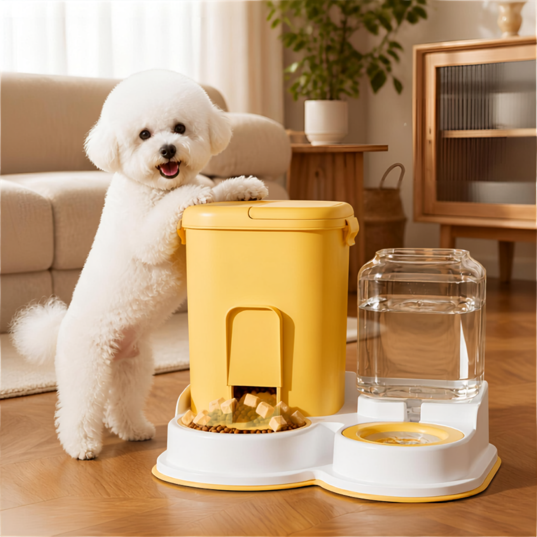 2-in-1 automatic gravity pet feeder and water dispenser, yellow, with dog