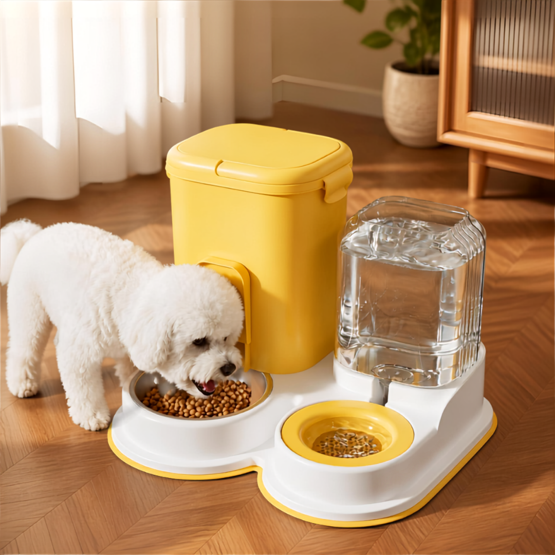 2-in-1 automatic gravity pet feeder and water dispenser, yellow, dog eating