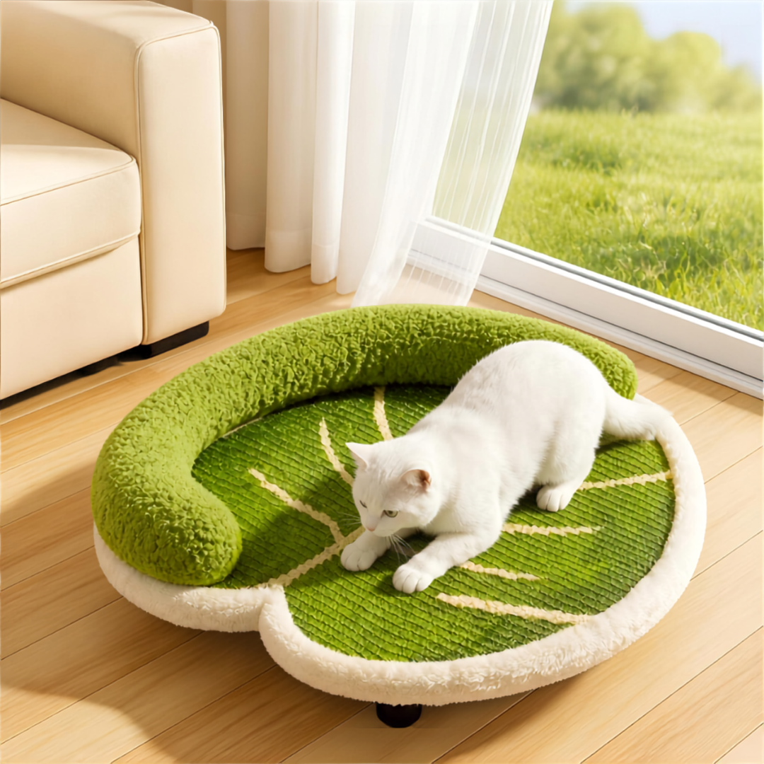 Leaf-shaped cat scratcher lounge bed detail view