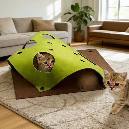 Cheese Cave Cat Tunnel Mat | Foldable Felt Scratch & Play Blanket