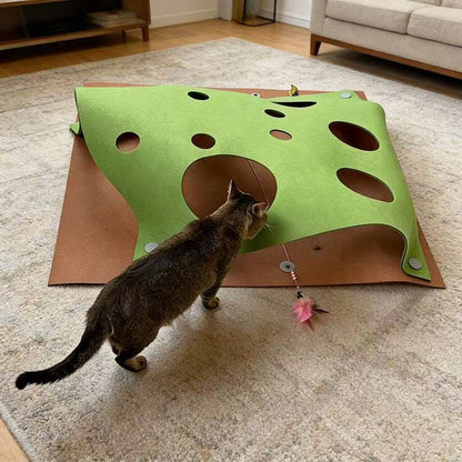 Cheese Cave Cat Tunnel Mat | Foldable Felt Scratch & Play Blanket