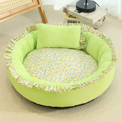 Floral Round Cat Bed Soft Comfortable Pet Cushion With Pillow