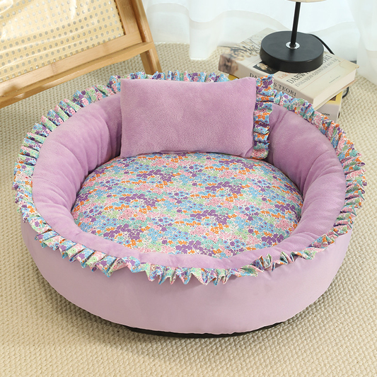Floral Round Cat Bed Soft Comfortable Pet Cushion With Pillow