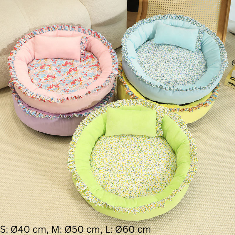 Floral Round Cat Bed Soft Comfortable Pet Cushion With Pillow