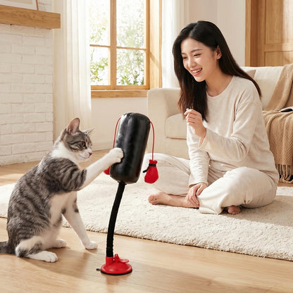 Cat playing with interactive boxing glove toy