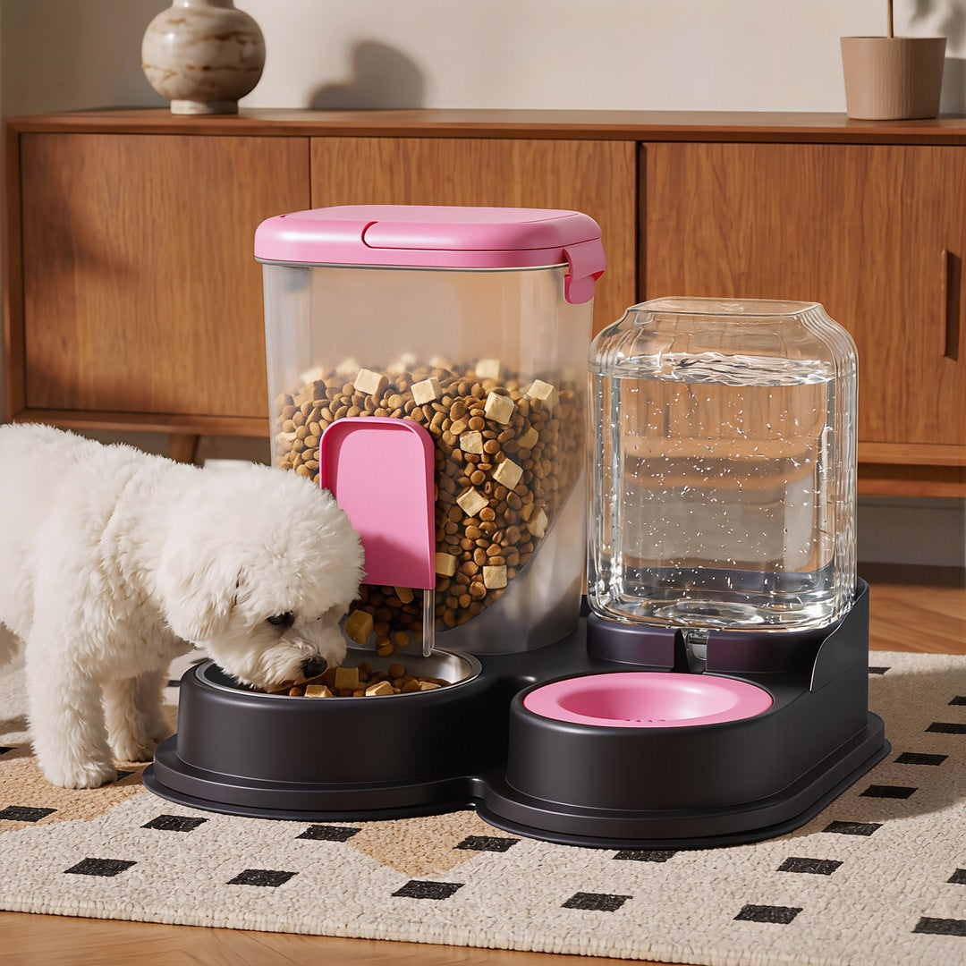 Black pink 2-in-1 gravity pet feeder and water dispenser with dog eating in living room