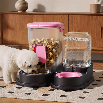 Black pink 2-in-1 gravity pet feeder and water dispenser with dog eating in living room