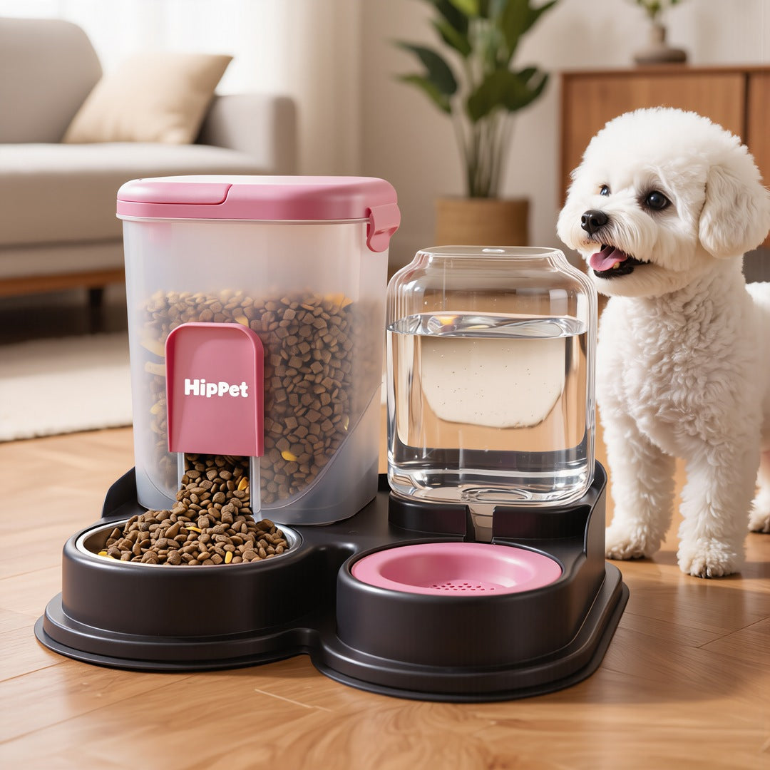 Black pink automatic pet feeder and water dispenser with happy white dog