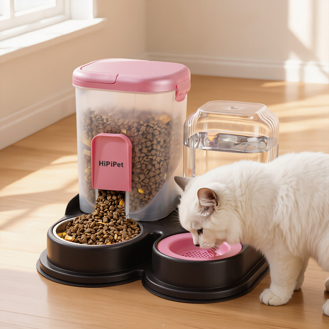 Cat drinking from black pink gravity pet water dispenser and feeder