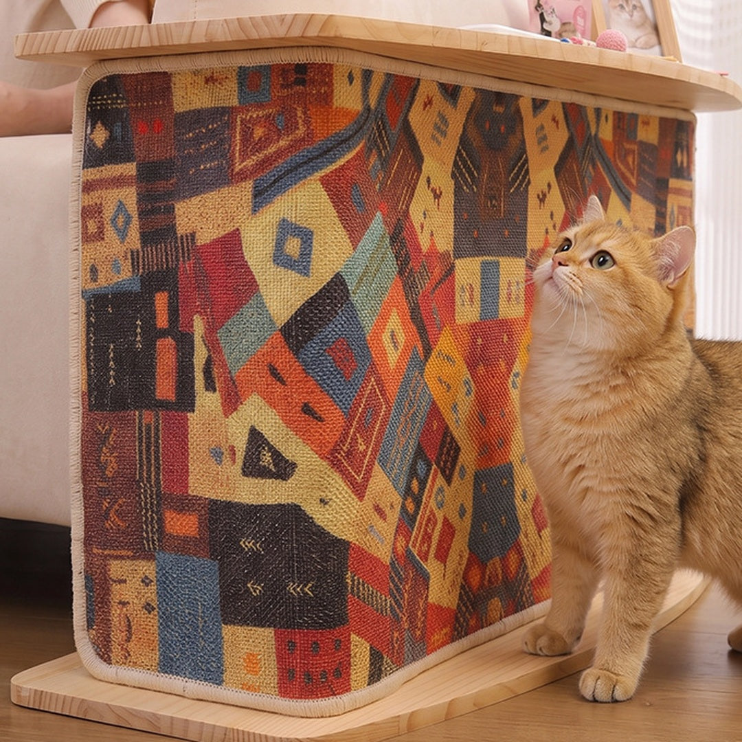 Close-up of woven boho sisal scratching panel with curious cat