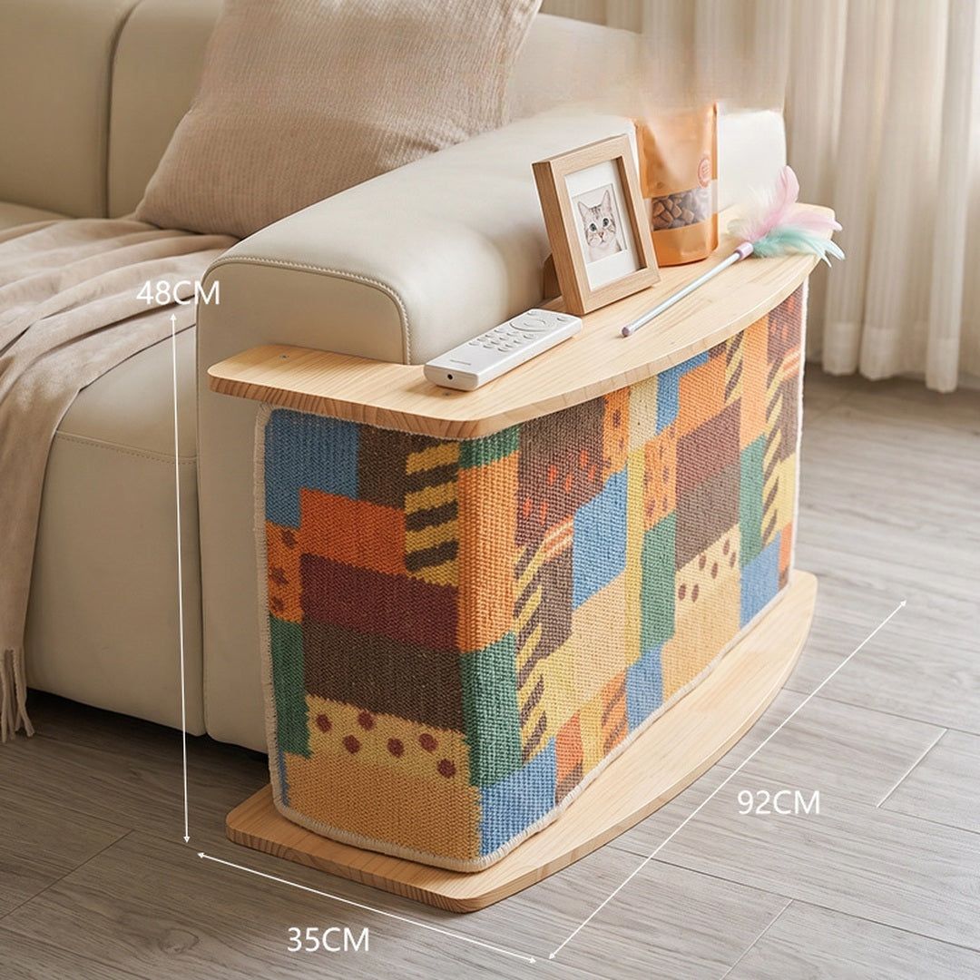 Patchwork sisal cat scratcher end table beside sofa with dimensions