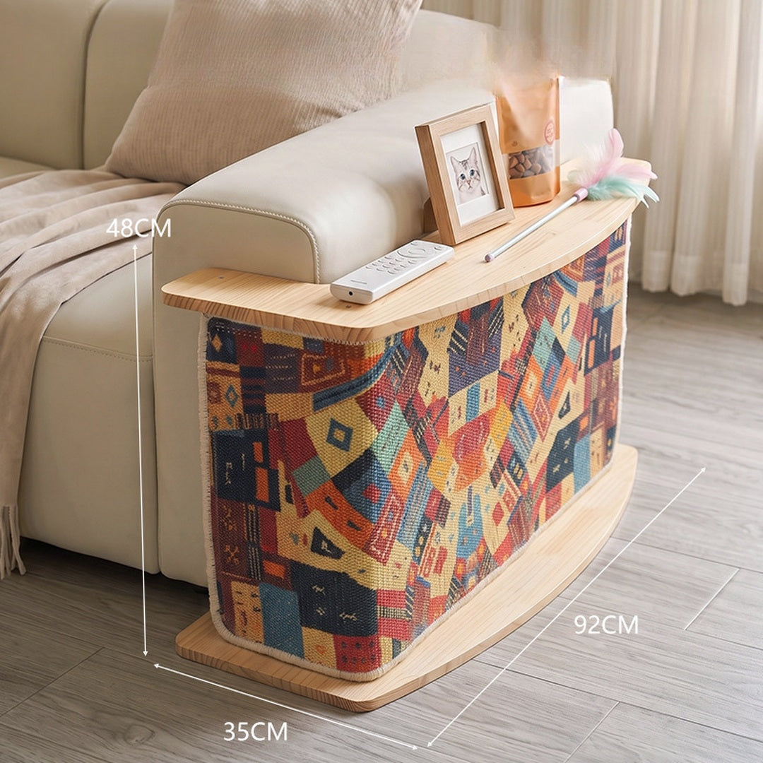 Boho vintage sisal cat scratcher end table beside sofa with dimensions