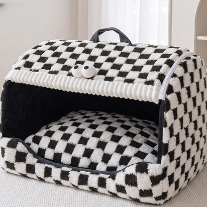 Black and white checker plush pet house with googly eyes and carry handle