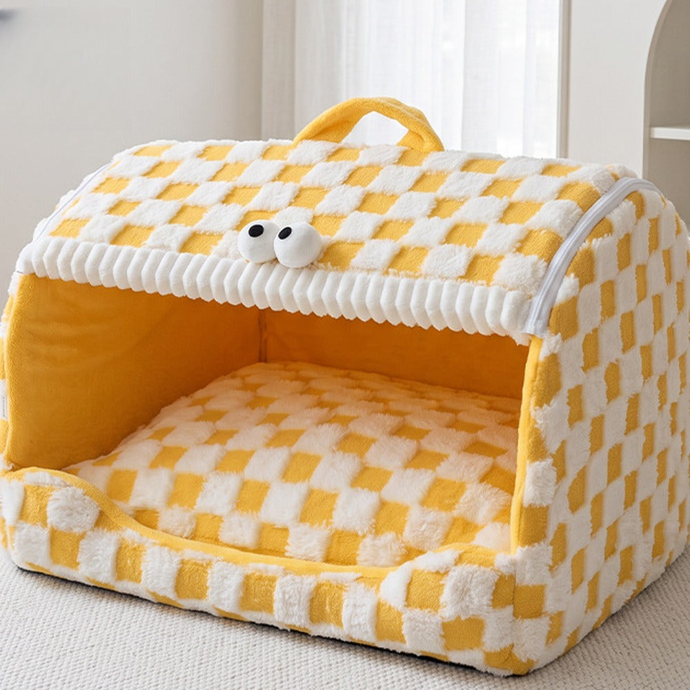 Yellow checker plush pet house with googly eyes and carry handle
